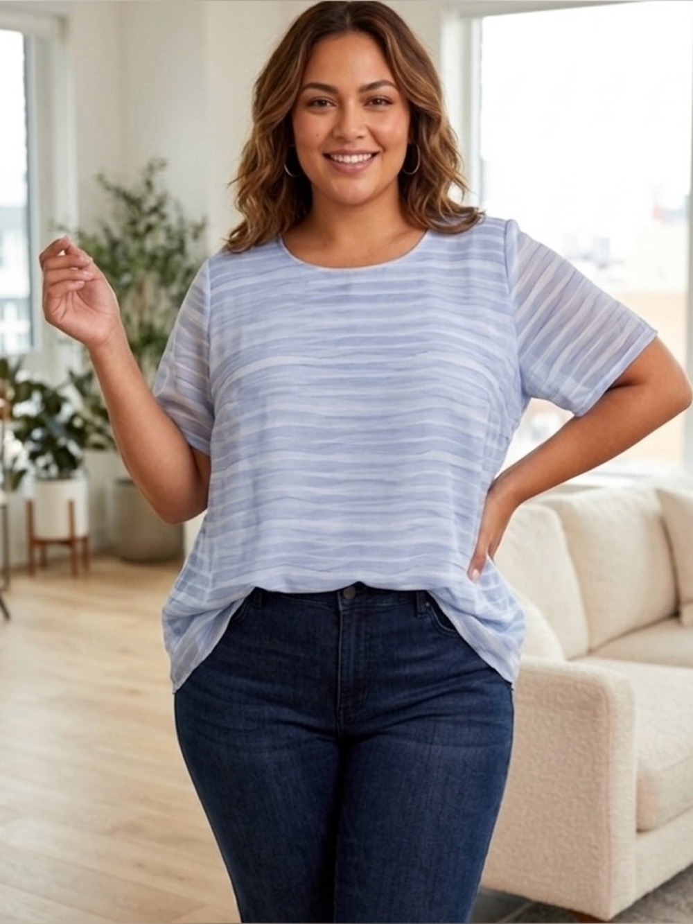 NWT Vince Camuto Light Blue Striped Sheer Chiffon Blouse Top